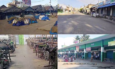 பெருந்துறை, சென்னிமலை பகுதியில் கடைகள் அடைப்பு, விசைத்தறிகள் இயங்காமல் இருந்த காட்சிகள்.