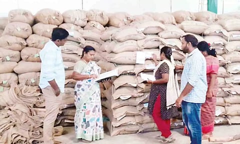 தாராபுரம் வட்டார பகுதியில் உள்ள விதை நெல் நிலையத்தில் அதிகாரிகள் ஆய்வு செய்த போது எடுத்த படம்.