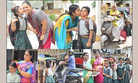 கோவையில் பள்ளிக்கு வந்த மாணவர்களுக்கு பூங்கொத்து கொடுத்து உற்சாக வரவேற்பு