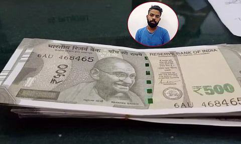 கைதான சிபின்ஜேக்கப் மற்றும் பறிமுதல் செய்யப்பட்ட கள்ளநோட்டுகள்.