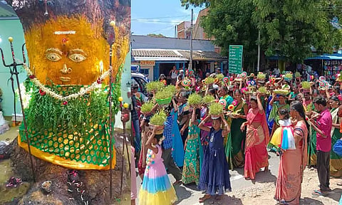 பொங்கல் பூச்சாட்டு விழாவில் முளைப்பாரி ஊர்வலம் நடைபெற்ற காட்சி.