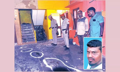 வெடிகுண்டு வீசி கொலை நடந்த இடத்தில் போலீசார் விசாரணை நடத்திய காட்சி. கொலை செய்யப்பட்ட ராஜி. 