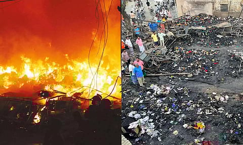 காதர்பேட்டை பனியன் பஜார் சுவடே தெரியாமல் முற்றிலும் எரிந்து நாசமாகி உள்ளதை படத்தில் காணலாம்.