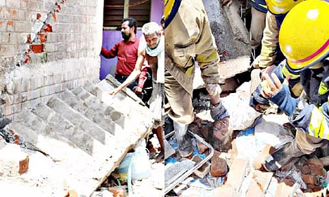 விபத்தில் சிக்கியவரை தீயணைப்பு வீரர்கள் மீட்பதையும், படிக்கட்டுகள் இடிந்து கிடப்பதையும் காணலாம்.