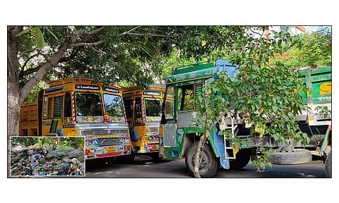 மருத்துவ கழிவுகள் ஏற்றபட்ட நிலையில் லாரிகள் தருமபுரி அரசு மருத்துவக்கல்லூரி முன்பு நிறுத்தி வைக்கப்பட்டுள்ளதை படத்தில் காணலாம். (உள்படம்: மருத்துவமனை வளாகத்தில் திறந்த வெளியில் கொட்டபட்டுள்ள மருத்துவ கழிவுகளை படத்தில் காணலாம்.)