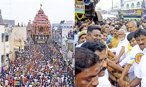 தேரோட்டத்தை சபாநாயகர் அப்பாவு, அமைச்சர் சேகர் பாபு வடம் பிடித்து தொடங்கி வைத்த காட்சி.