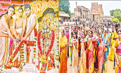 திருமணம் நடந்ததையும், பக்தர்கள் சீர்வரிசை சுமந்தபடி பெரிய கோவில் வளாகத்தை சுற்றி வந்த காட்சி.