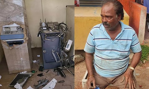 கோடாரியால் உடைக்கப்பட்ட ஏ.டி.எம். எந்திரம் நொறுங்கி கிடக்கும் காட்சி. எந்திரத்தை உடைந்த கந்தசாமி.