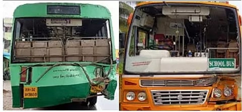 விபத்தில் கண்ணாடி உடைந்த அரசு மற்றும் தனியார் பள்ளி பஸ்சை படத்தில் காணலாம்.
