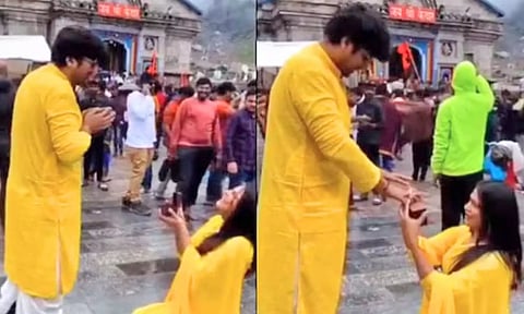 கேதர்நாத் கோவிலில் காதலனிடம் 'புரபோஸ்' செய்த இளம்பெண்- சர்ச்சையை ஏற்படுத்திய வீடியோ