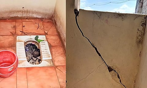 சேதமடைந்து காணப்படும் பள்ளி கழிப்பறை.