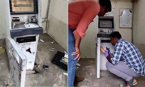 உடைக்கப்பட்ட ஏ.டி.எம். எந்திரத்தில் நிபுணர்கள் கைரேகை சேகரித்த காட்சி.