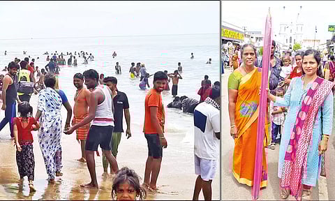 நேர்த்திக்கடன் செலுத்துவதற்காக 6 அடி உயர மெழுகுவர்த்தியை பெண் ஒருவர் வாங்கி வந்ததையும் படத்தில் காணலாம்.