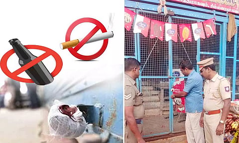 காவல்துறையினர் கடையை சீல் செய்த காட்சி.