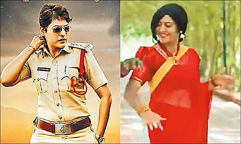 பெண் போலீஸ் இன்ஸ்பெக்டர் ஸ்வர்ணலதா, சினிமா பாடலுக்கு நடனமாடுகிறார்.