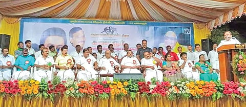 கூட்டத்தில் தி.மு.க. துணை பொதுச்செயலாளர் ஆ.ராசா எம்.பி. பேசிய காட்சி.
