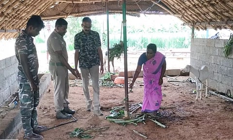 சிறுத்தை ஆட்டை அடித்து கொன்ற இடத்தில் வனத்துறையினர் ஆய்வு செய்த காட்சி.