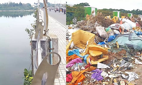 குப்பை கிடங்காக மாறும் அடையாறு ஆறு- சிதிலமடையும் திரு.வி.க. பாலம்