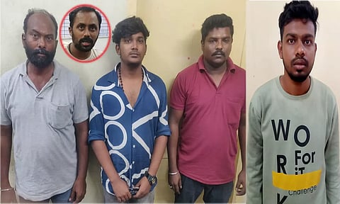 கைதான 4 பேர் - மீட்கப்பட்ட சினிமா பட தயாரிப்பாளர் கிருஷ்ணபிரசாத் (உள்படம்)