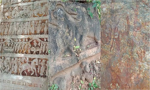 வருசநாடு அருகே காணப்படும் நடுகல் மற்றும் பழங்கால கற்சிலைகள் - சிதிலமடைந்துள்ள பாறை ஓவியங்கள்.