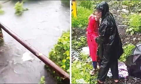 குழந்தை தவறி விழுந்த சாக்கடை கால்வாயையும், தாய் கதறி அழுததையும் படத்தில் காணலாம்.