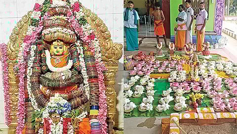 மகா மாரியம்மன் கோவிலில் அம்மன் சிறப்பு வளையல் அலங்காரத்திலும், 108 சங்காபிஷேகமும் நடந்தபோது எடுத்த படம்.