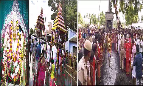 தேரோட்டம் நடைபெற்றதையும், பக்தர்கள் குண்டம் இறங்கியதையும் படத்தில் காணலாம்.