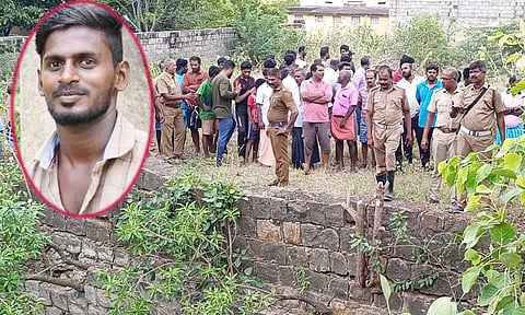 மணிக்குமார் (உள்படம்) - பட்டதாரி வாலிபர் மணிக்குமார் தவறி விழுந்த கிணற்றின் அருகே திரண்டிருந்த பொதுமக்கள் கூட்டம்.