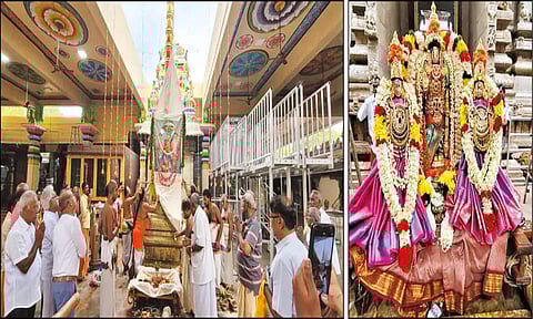 கொடியேற்றப்பட்டதையும், சிறப்பு அலங்காரத்தில் சவுந்தரராஜ பெருமாள், சவுந்தரவல்லி தாயார்-ஆண்டாள் அருள்பாலித்ததையும் படத்தில் காணலாம்.