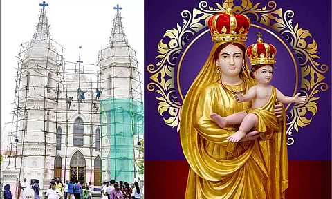 பேராலயத்தில் வர்ணம் பூசும் பணியில் தொழிலாளர்கள் ஈடுபட்டதை படத்தில் காணலாம்.