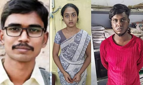 கொலை செய்யப்பட்ட சுந்தரராஜ்- கைதான ஆசிரியை நிவேதா - கள்ளக்காதலன் தினேஷ்