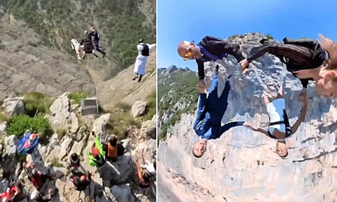 விருந்தினர்களுடன் சேர்ந்து 'ஸ்கை டைவிங்' செய்து திருமணத்தை கொண்டாடிய புதுமணத்தம்பதி