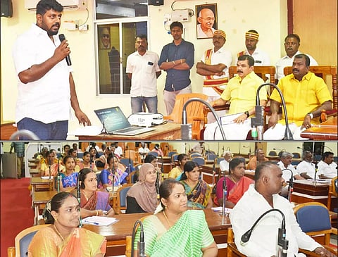 கருத்தரங்கில் மாநகராட்சி கல்வி குழு தலைவர் பவுல்ராஜ் பேசிய காட்சி. அருகில் மேயர் சரவணன், துணை மேயர் கே.ஆர்.ராஜூ மற்றும் மண்டல தலைவர்கள், கவுன்சிலர்கள்.