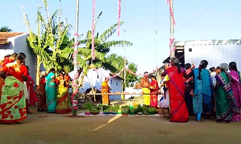 ஆடிப்பெருக்கையொட்டி கட்டப்பட்ட ஊஞ்சலின் காட்சி.