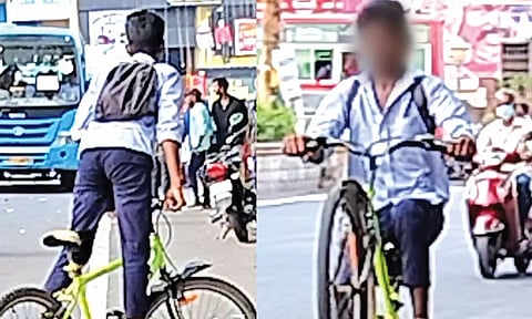 புதுவை - கடலூர் சாலையில் பள்ளி மாணவிகள் முன்பு சைக்கிளில் சாகசம் செய்து கெத்து காட்டிய மாணவன்