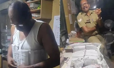 முதியவர் தனது உடல் முழுவதும் பணக்கட்டுகளை கட்டி வைத்திருந்த காட்சி.