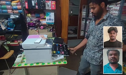 கலர்பிரிண்டருடன் கைதான அப்துல் அகீம், கைதான காஜா மைதீன், உபைஸ் அலி.