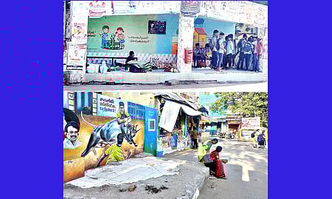 அவனியாபுரம் பஸ் நிறுத்தத்தில் இலை கடை ஆக்கிரமிப்பால் உட்கார இடமின்றி நிழற்கு டையில் காத்திருக்கும் மாணவர்களையும், இடித்து அகற்றப்பட்டதால் வெயிலில் காத்தி ருக்கும் பயணிகளையும் படத்தில் காணலாம்.