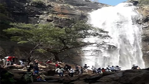 ஆகாய கங்கை நீர்வீழ்ச்சியை ஆர்ப்பரித்து கொட்டும் வெள்ளம்.