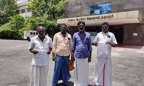 கலெக்டர் அலுவலகத்தில் மனு கொடுக்க வந்த விவசாயி சக்திவேல்.