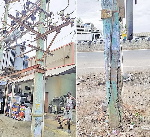 ஆபத்தான நிலையில் உள்ள மின்கம்பத்தை படத்தில் காணலாம்.