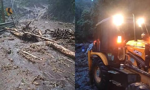 கோட்டயத்தில் நிலச்சரிவு ஏற்பட்டிருப்பதையும், மீட்புப பணிகள் நடைபெறுவதையும் காணலாம்