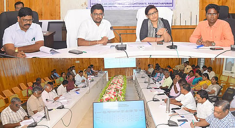 திட்டப்பணிகள் குறித்த ஆய்வுக்கூட்டத்தில் கணிப்பாய்வு அலுவலர் அர்ச்சனா பட்னாயக், கலெக்டர் விஷ்ணுசந்திரன் மற்றும் அதிகாரிகள் கலந்து கொண்டனர்.