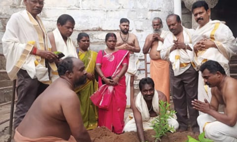ராஜகோபுரம் கட்டும் பணி தடங்கல் இன்றி நல்ல முறையில் நடக்க வேண்டி கன்னியாகுமரி பகவதி அம்மன் கோவிலில் கணபதி ஹோமம் - மிருதிஞ்சய ஹோமம்தலவிருச்சமாக சந்தன மரமும் நடப்பட்டது