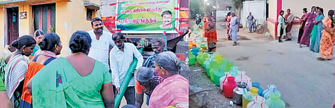 உமரிக்காடு ஊராட்சியில் லாரிகள் மூலம் குடிநீர் வழங்கும் பணியை ஊராட்சி தலைவர் ராஜேஷ்குமார் தொடங்கி வைத்த காட்சி.