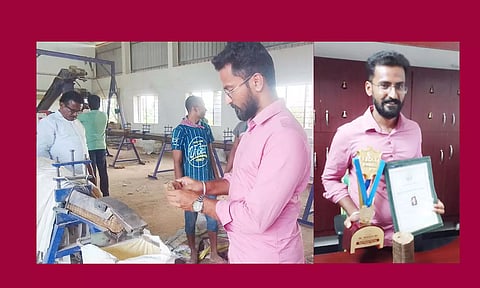 செயற்கை விறகு தயாரிக்கும் பணியில் ஈடுபட்டுள்ள ராஜேஷ், தான் பெற்ற விருதுகளுடன் உள்ளார்.