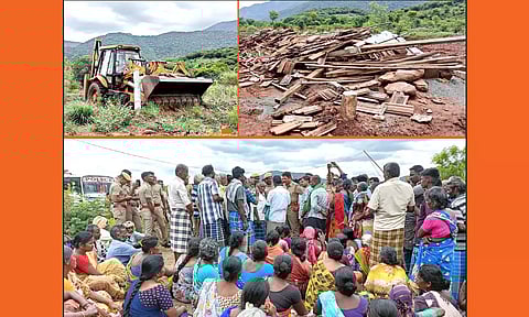 பொக்லைன் எந்திரம் மூலம் சிறை வளாகம் அமையவுள்ள இடத்தில் ஆக்கிரமிப்புகள் இடித்து அகற்றப்பட்ட காட்சி.