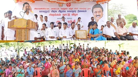விழாவில் அமைச்சர் ஆர்.காந்தி பேசிய காட்சி. அருகில் கலெக்டர் வளர்மதி, ஈஸ்வரப்பன் எம்.எல்.ஏ. மற்றும் பலர் உள்ளனர்.