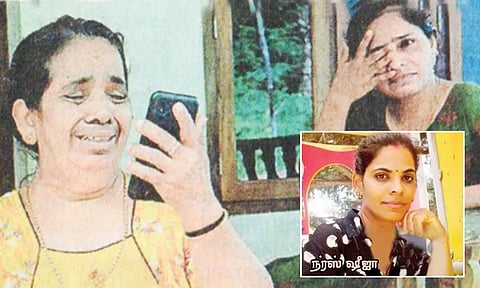 ஆஸ்பத்தரியில் சிகிச்சை பெற்று வரும் நர்ஸ் ஷீஜாவுடன் தாய் மற்றும் சகோதரி வீடியோ காலில் பேசிய காட்சி.