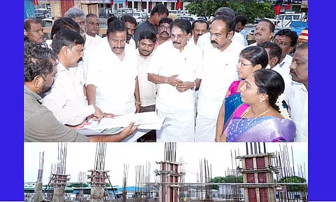 சிவகாசி மாநகராட்சி புதிய அலுவலக கட்டிட கட்டுமான பணிகளை அமைச்சர்கள் பார்வையிட்டு ஆய்வு செய்தனர்.